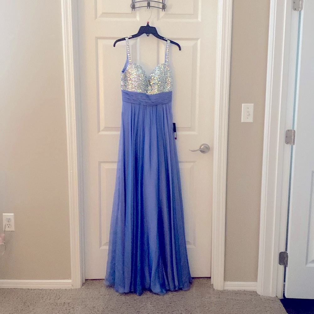 Periwinkle formal dress from New York Dress. 57” long; 26” waist